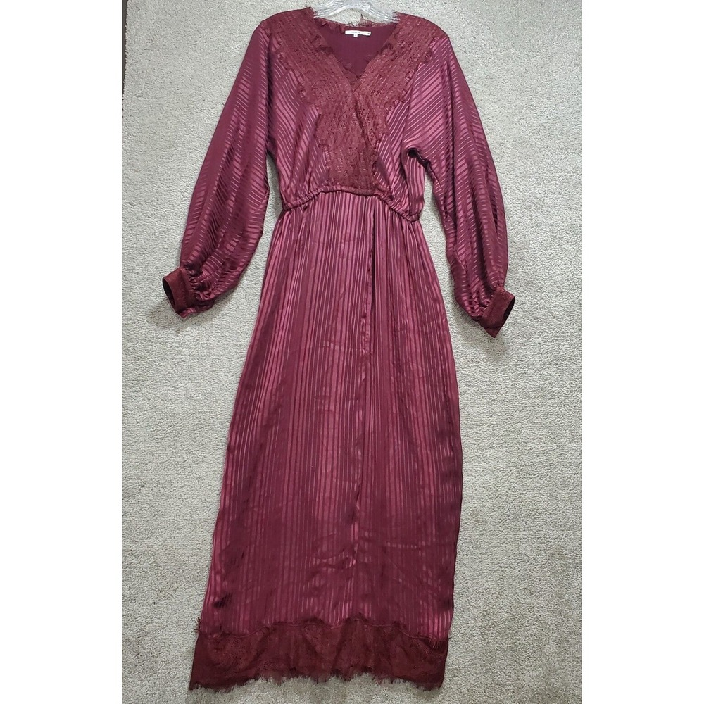 Tularosa Maxi Dress Womens Small Burgundy Striped Lace Surplice Neck Long Sleeve